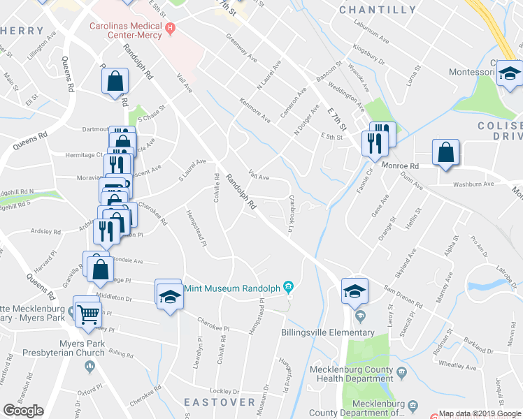 map of restaurants, bars, coffee shops, grocery stores, and more near in Charlotte