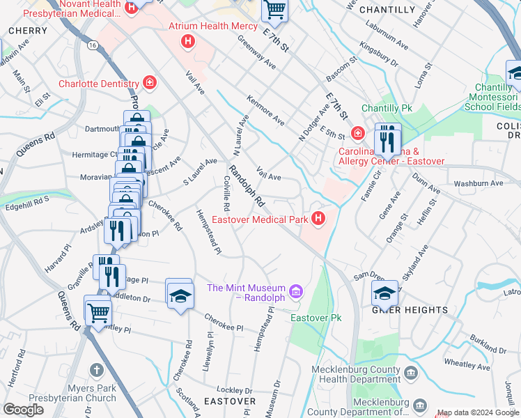 map of restaurants, bars, coffee shops, grocery stores, and more near 2511 Montrose Court in Charlotte
