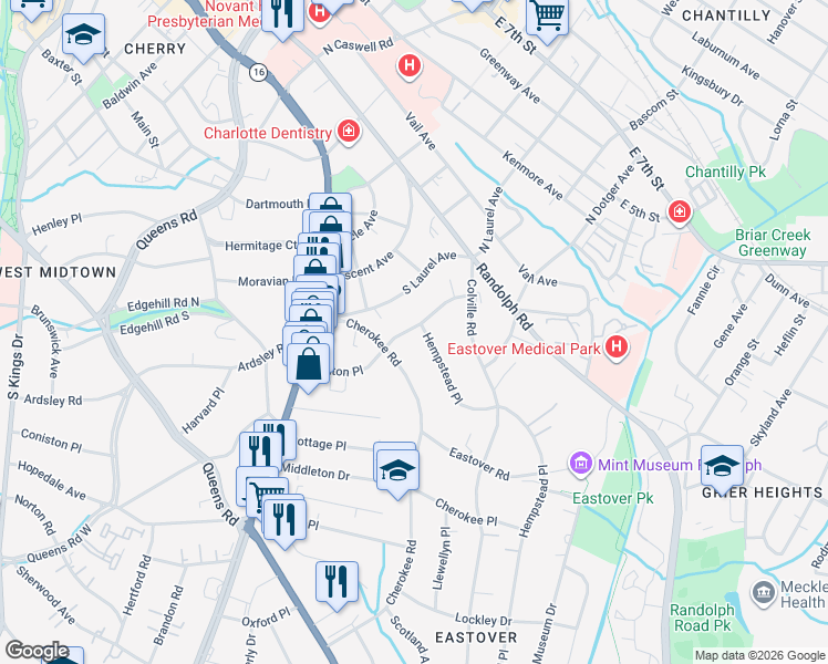 map of restaurants, bars, coffee shops, grocery stores, and more near 165 Cherokee Road in Charlotte