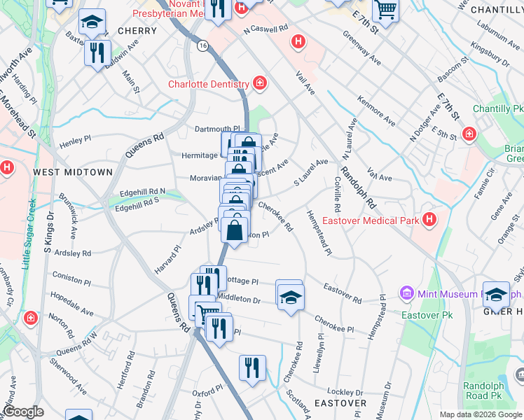map of restaurants, bars, coffee shops, grocery stores, and more near in Charlotte