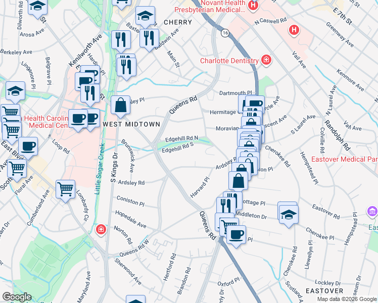map of restaurants, bars, coffee shops, grocery stores, and more near in Charlotte