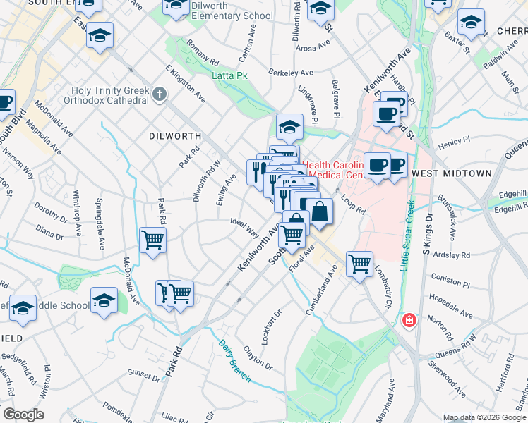 map of restaurants, bars, coffee shops, grocery stores, and more near in Charlotte
