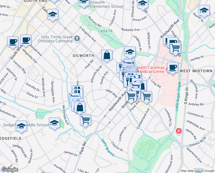 map of restaurants, bars, coffee shops, grocery stores, and more near 1935 Ewing Avenue in Charlotte