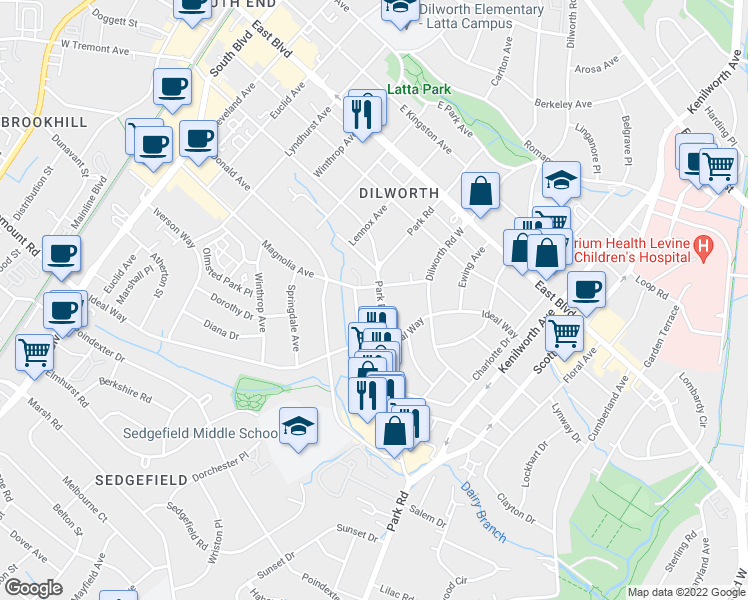 map of restaurants, bars, coffee shops, grocery stores, and more near in Charlotte