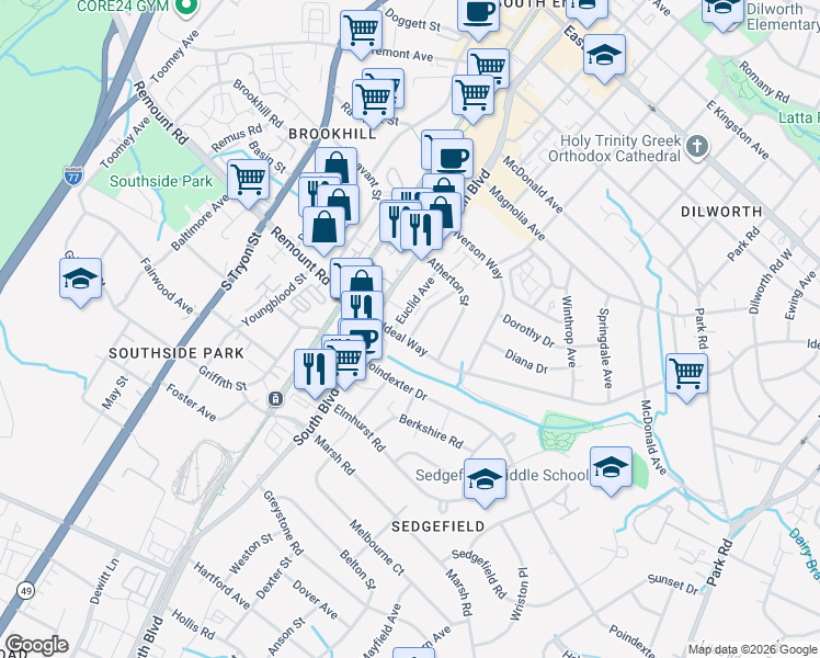map of restaurants, bars, coffee shops, grocery stores, and more near 2513 Marshall Place in Charlotte