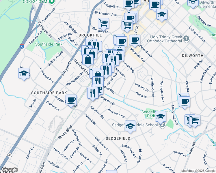 map of restaurants, bars, coffee shops, grocery stores, and more near 2513 Marshall Place in Charlotte