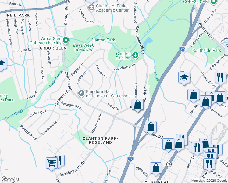 map of restaurants, bars, coffee shops, grocery stores, and more near 3332 Barfield Drive in Charlotte