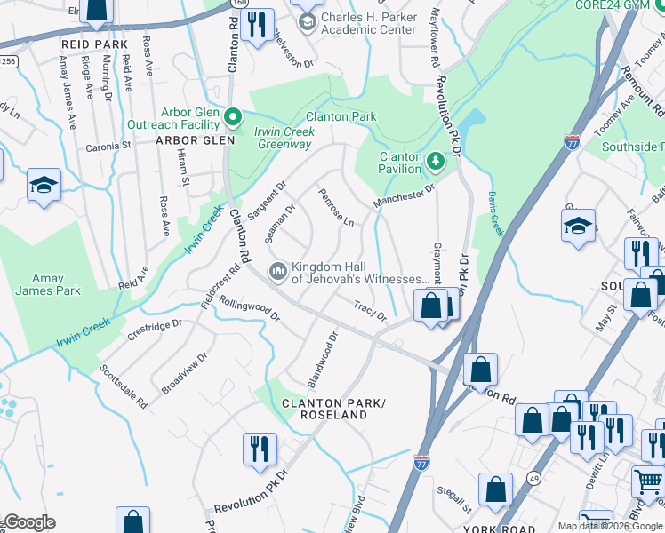 map of restaurants, bars, coffee shops, grocery stores, and more near 3527 Archer Avenue in Charlotte