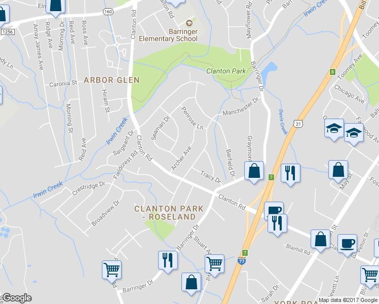 map of restaurants, bars, coffee shops, grocery stores, and more near 3527 Archer Avenue in Charlotte