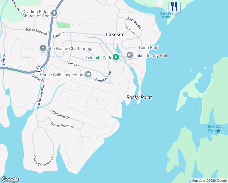 map of restaurants, bars, coffee shops, grocery stores, and more near 2508 Rocky Point Club Trail in Soddy-Daisy