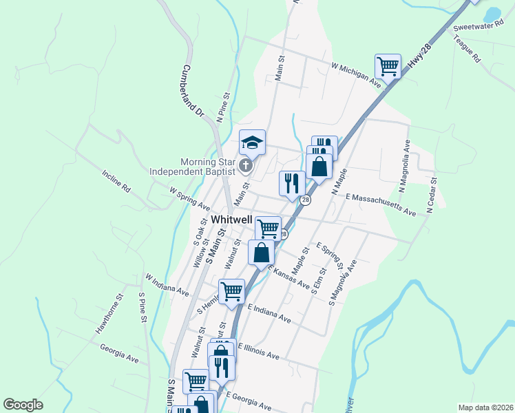 map of restaurants, bars, coffee shops, grocery stores, and more near 149 East Maryland Avenue in Whitwell