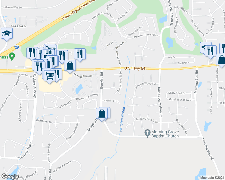 map of restaurants, bars, coffee shops, grocery stores, and more near 9291 Morning Park Drive in Memphis