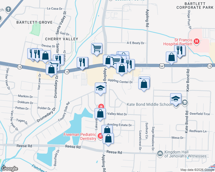 map of restaurants, bars, coffee shops, grocery stores, and more near 2794 Arbor Lane Cove in Memphis