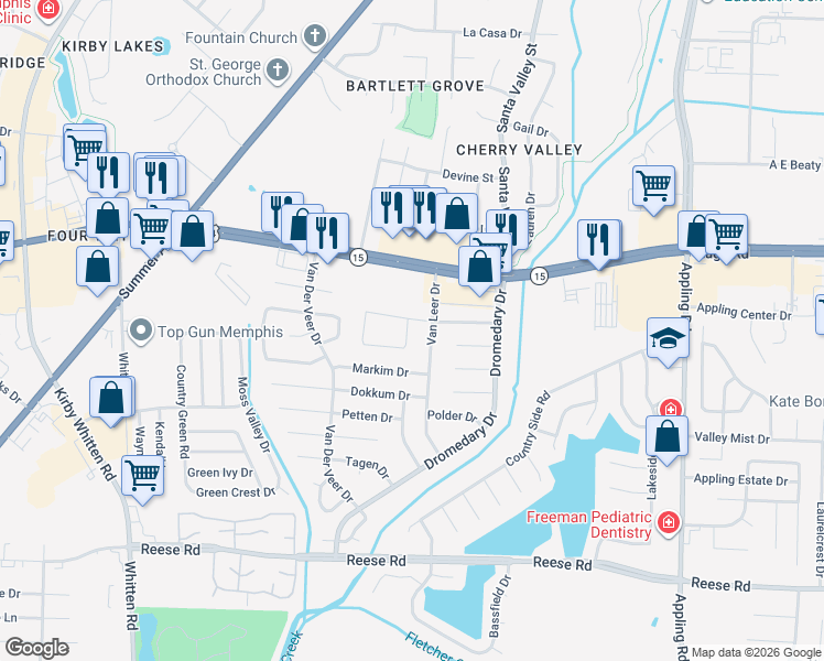 map of restaurants, bars, coffee shops, grocery stores, and more near 2799 Maryland Circle East in Memphis