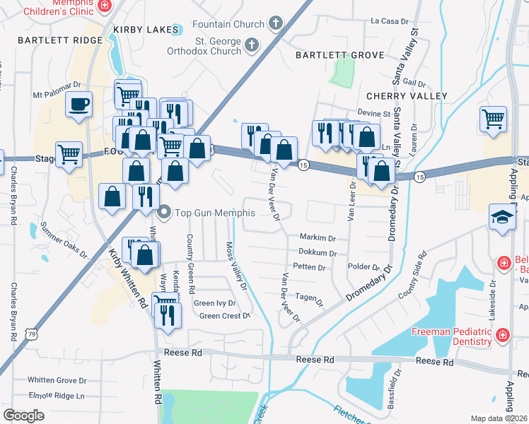 map of restaurants, bars, coffee shops, grocery stores, and more near 6984 Juanita Cove in Memphis