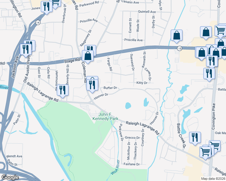 map of restaurants, bars, coffee shops, grocery stores, and more near 4607 Buffer Drive in Memphis