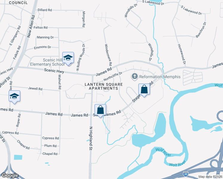 map of restaurants, bars, coffee shops, grocery stores, and more near 3643 Haughton Lane in Memphis