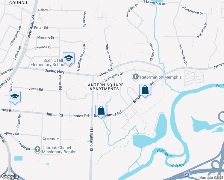 map of restaurants, bars, coffee shops, grocery stores, and more near 3643 Haughton Lane in Memphis