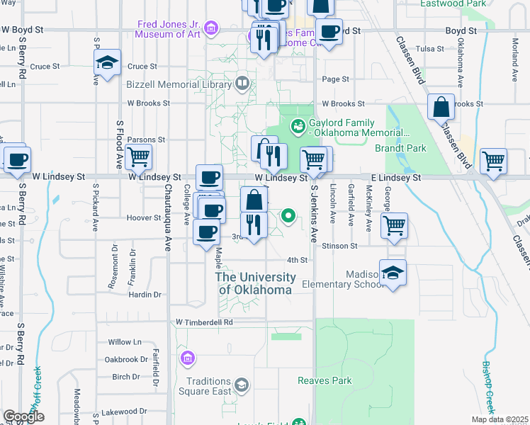 map of restaurants, bars, coffee shops, grocery stores, and more near 342 W 1st St in Norman