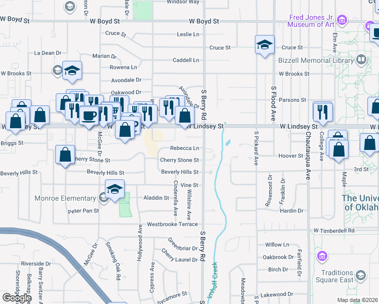 map of restaurants, bars, coffee shops, grocery stores, and more near 1312 South Berry Road in Norman