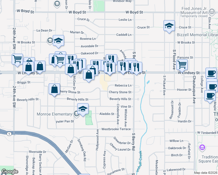 map of restaurants, bars, coffee shops, grocery stores, and more near 1420 Rebecca Lane in Norman