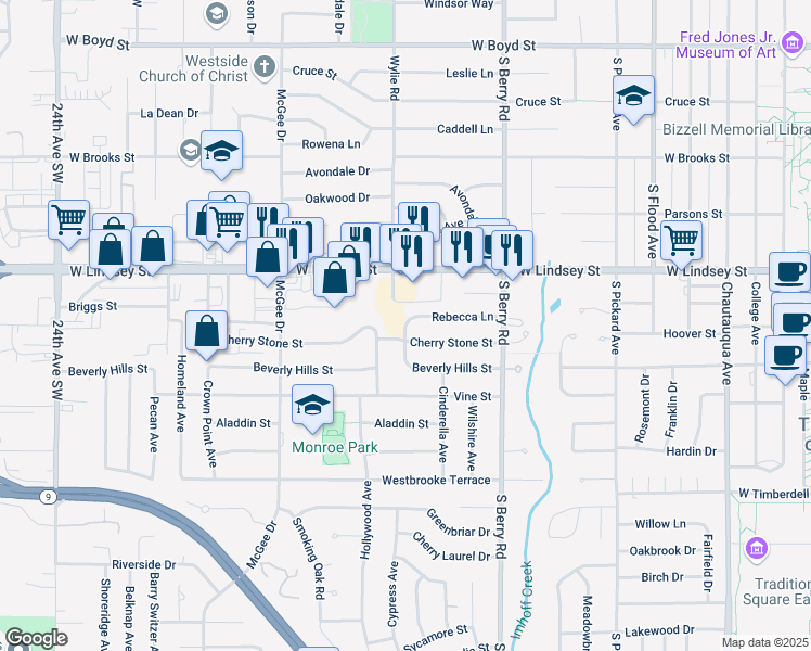 map of restaurants, bars, coffee shops, grocery stores, and more near 1420 Rebecca Lane in Norman