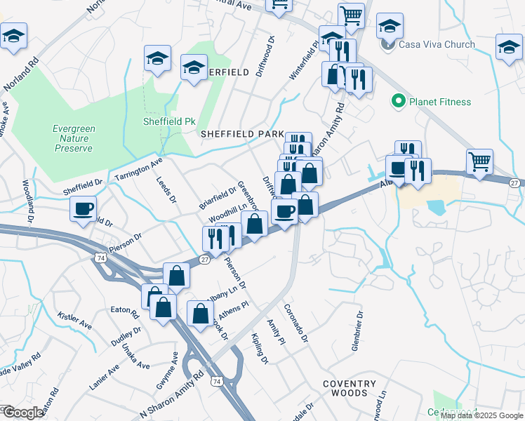 map of restaurants, bars, coffee shops, grocery stores, and more near 5315 Greenbrook Drive in Charlotte