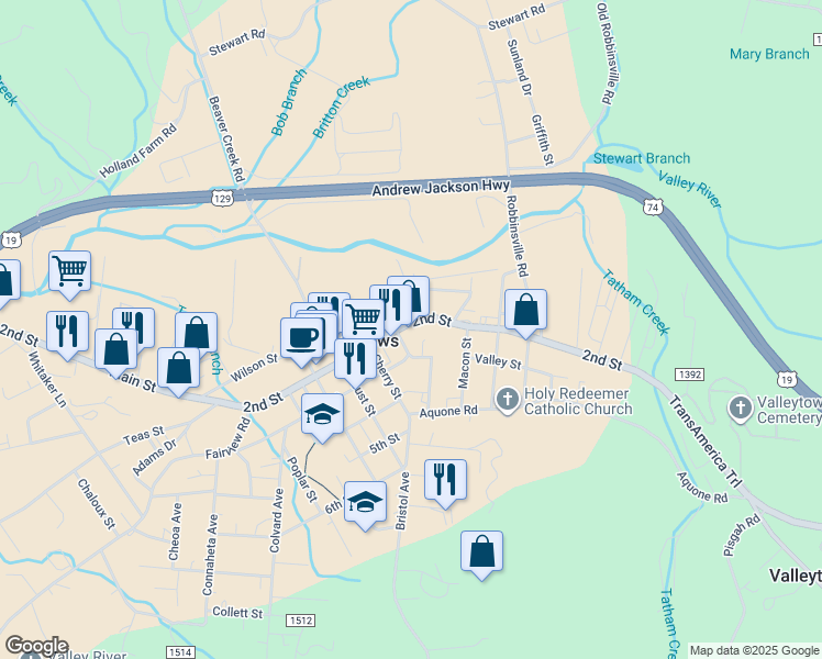 map of restaurants, bars, coffee shops, grocery stores, and more near 1158 Main Street in Andrews