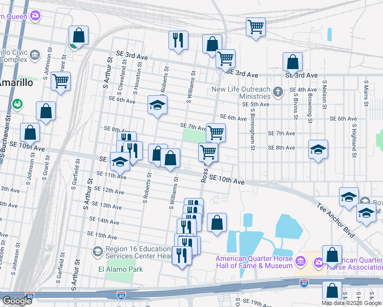 map of restaurants, bars, coffee shops, grocery stores, and more near 1721 Southeast 9th Avenue in Amarillo