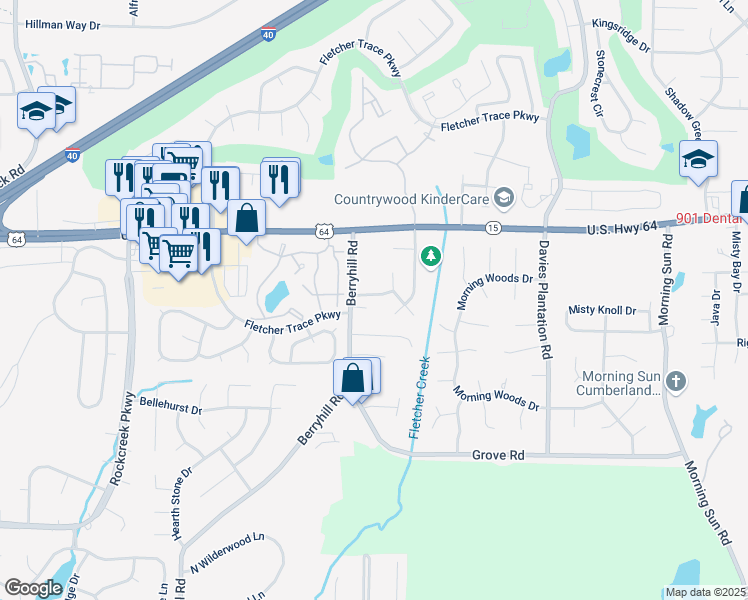 map of restaurants, bars, coffee shops, grocery stores, and more near 9273 Morning Park Drive in Memphis
