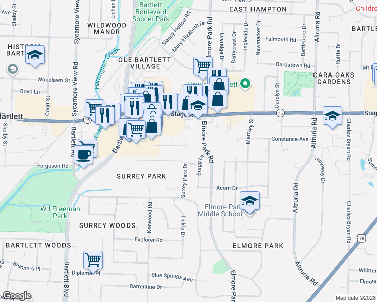 map of restaurants, bars, coffee shops, grocery stores, and more near 2814 Stage Center Drive in Bartlett