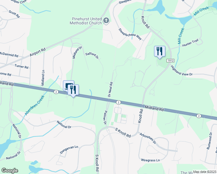 map of restaurants, bars, coffee shops, grocery stores, and more near 125 Doctor Neal Road in Southern Pines