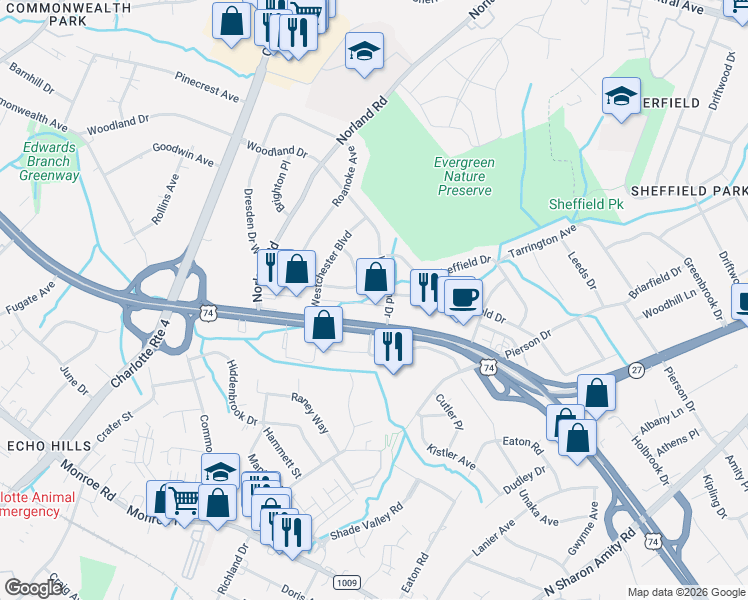 map of restaurants, bars, coffee shops, grocery stores, and more near 2024 Woodland Drive in Charlotte