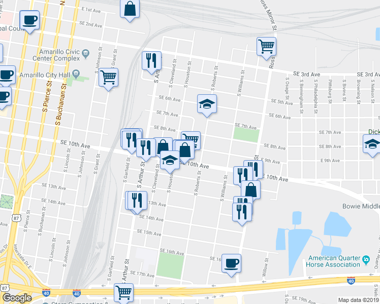 map of restaurants, bars, coffee shops, grocery stores, and more near 1312 Southeast 9th Avenue in Amarillo
