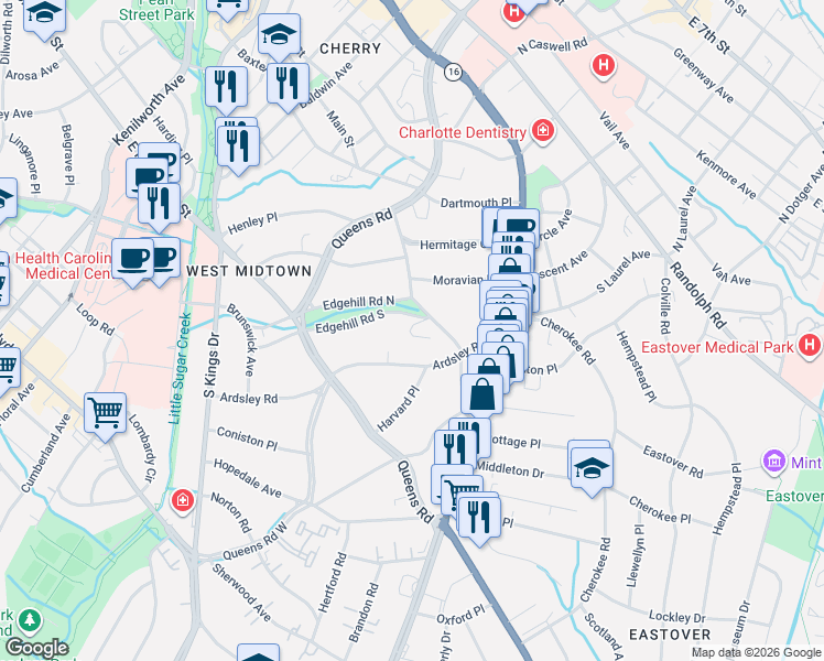 map of restaurants, bars, coffee shops, grocery stores, and more near 400 Hermitage Road in Charlotte