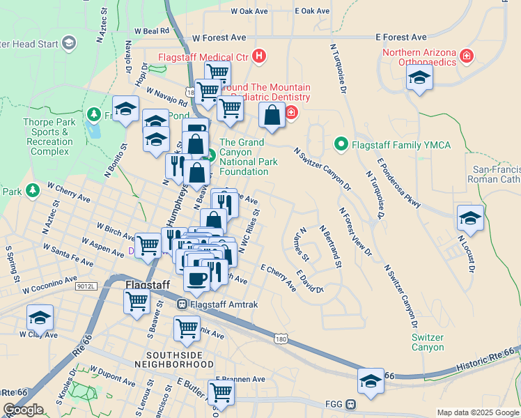 map of restaurants, bars, coffee shops, grocery stores, and more near 518 North Agassiz Street in Flagstaff