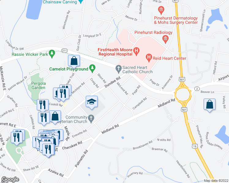 map of restaurants, bars, coffee shops, grocery stores, and more near 110 Short Road in Pinehurst