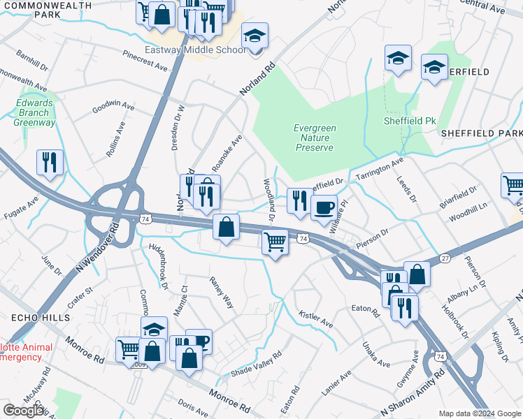 map of restaurants, bars, coffee shops, grocery stores, and more near 3748 Dresden Drive East in Charlotte