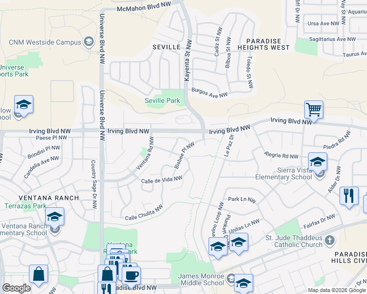 map of restaurants, bars, coffee shops, grocery stores, and more near 6215 Bisbee Place Northwest in Albuquerque