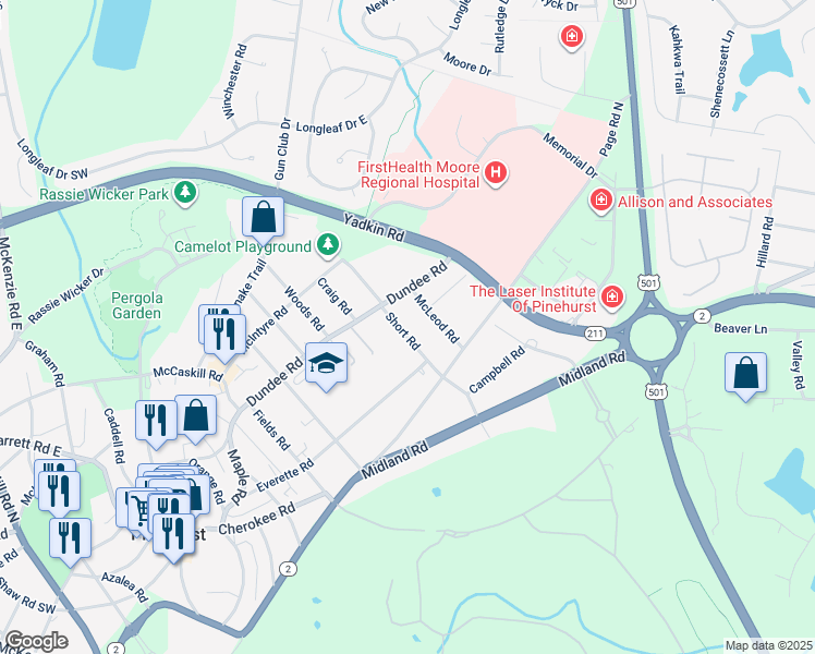 map of restaurants, bars, coffee shops, grocery stores, and more near 110 Short Road in Pinehurst