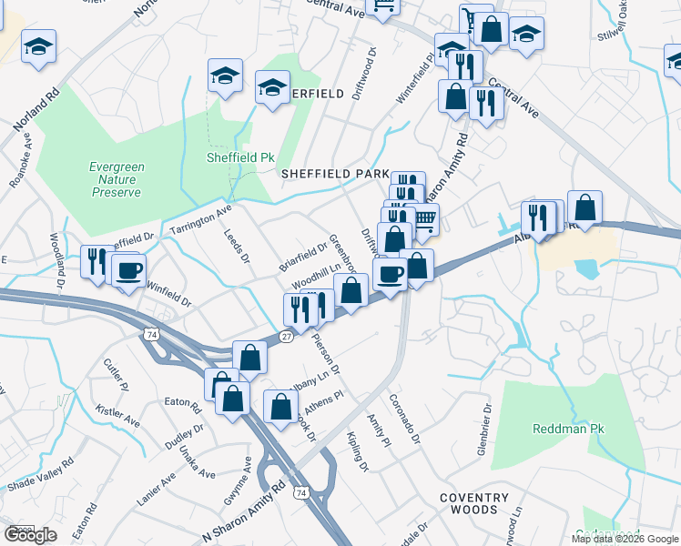 map of restaurants, bars, coffee shops, grocery stores, and more near 1520 Woodhill Lane in Charlotte