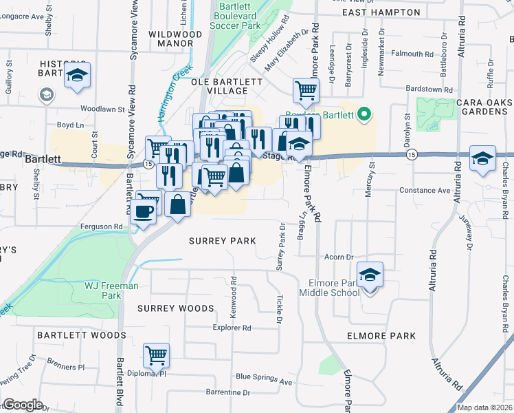 map of restaurants, bars, coffee shops, grocery stores, and more near 2786 Stage Center Drive in Bartlett