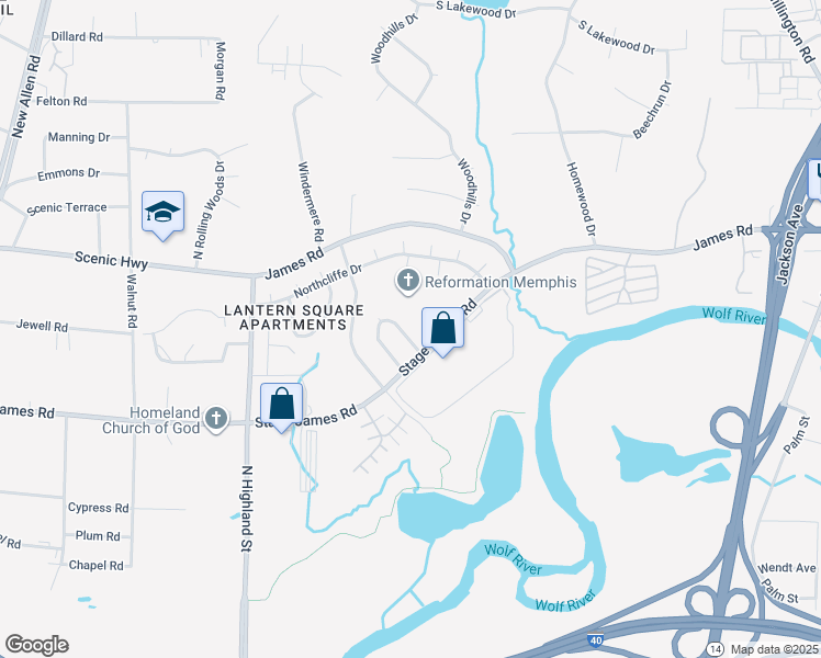 map of restaurants, bars, coffee shops, grocery stores, and more near 2802 East Hickory Bluff in Memphis