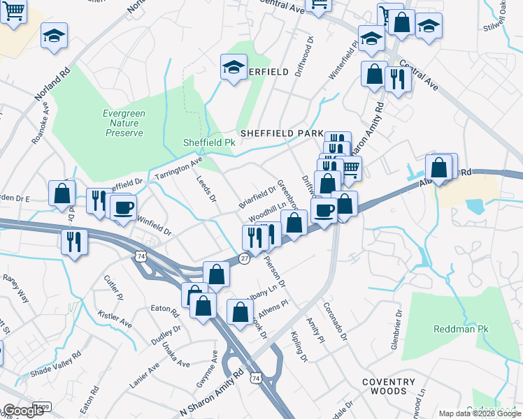map of restaurants, bars, coffee shops, grocery stores, and more near 1431 Woodhill Lane in Charlotte
