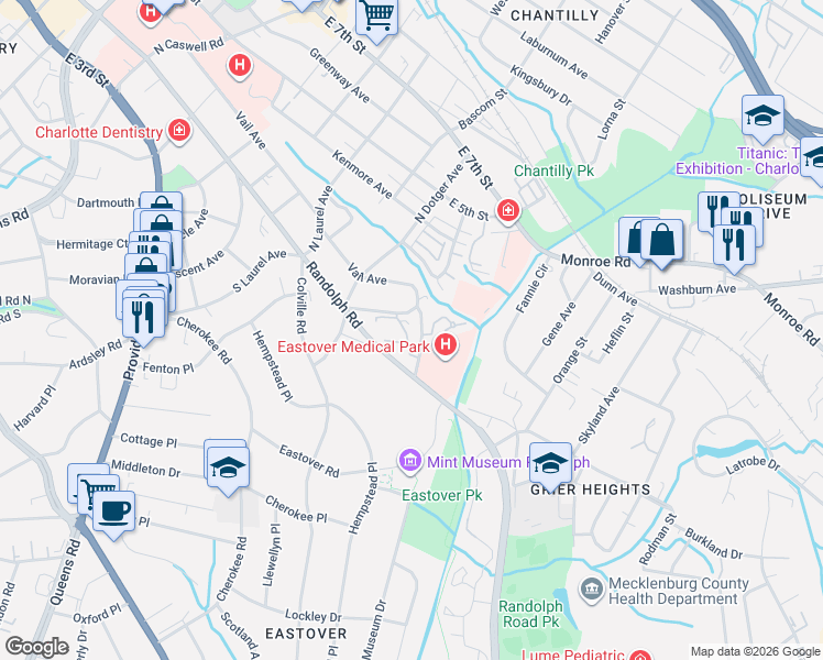map of restaurants, bars, coffee shops, grocery stores, and more near 2508 Cranbrook Lane in Charlotte
