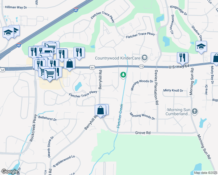 map of restaurants, bars, coffee shops, grocery stores, and more near 9285 Morning Park Drive in Memphis