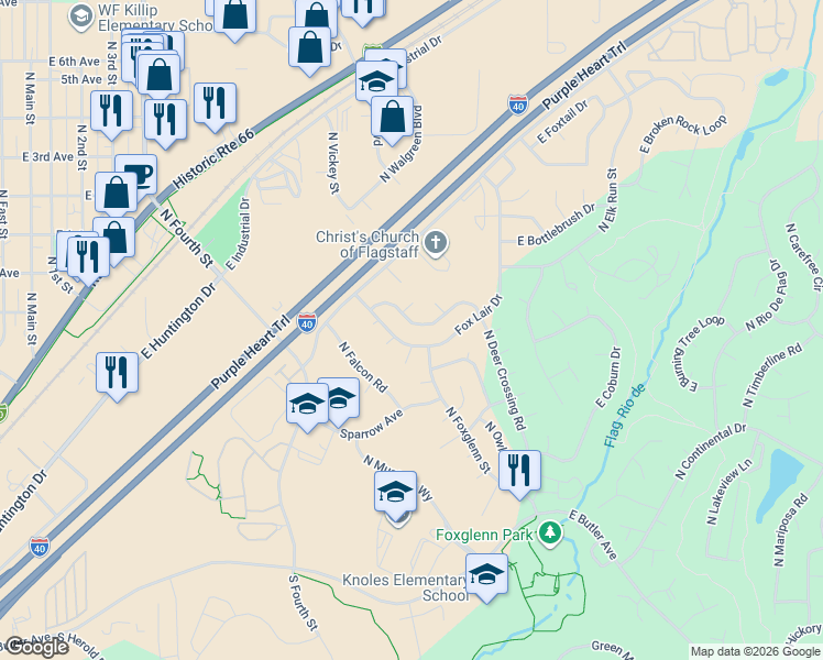 map of restaurants, bars, coffee shops, grocery stores, and more near 2017 North Deer Crossing Road in Flagstaff