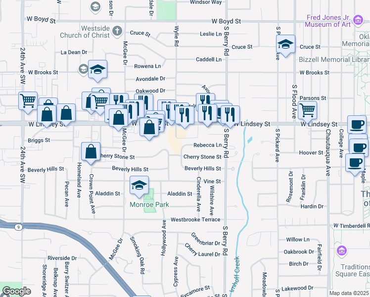 map of restaurants, bars, coffee shops, grocery stores, and more near 1420 Rebecca Lane in Norman