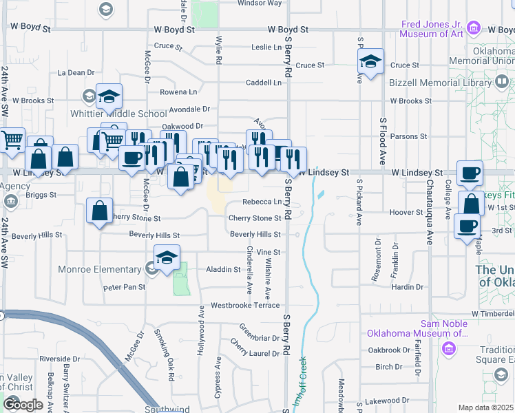 map of restaurants, bars, coffee shops, grocery stores, and more near 1314 Rebecca Ln in Norman