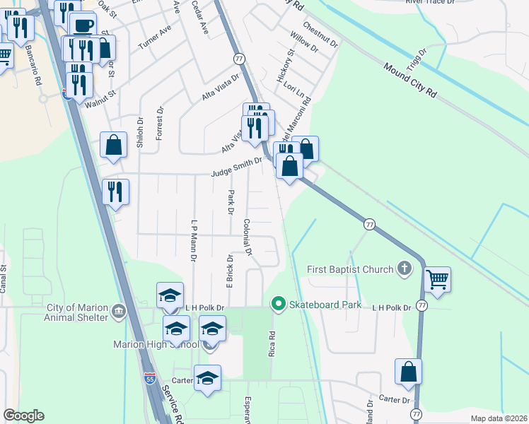 map of restaurants, bars, coffee shops, grocery stores, and more near 44 Ridgeway Cove in Marion